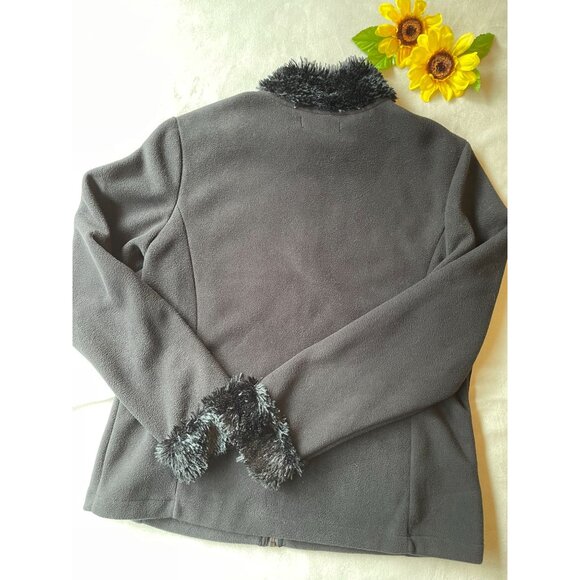 E-Studio Womens Fleece Jacket With Faux Fur Trim Size L Y2K Black - Picture 2 of 9